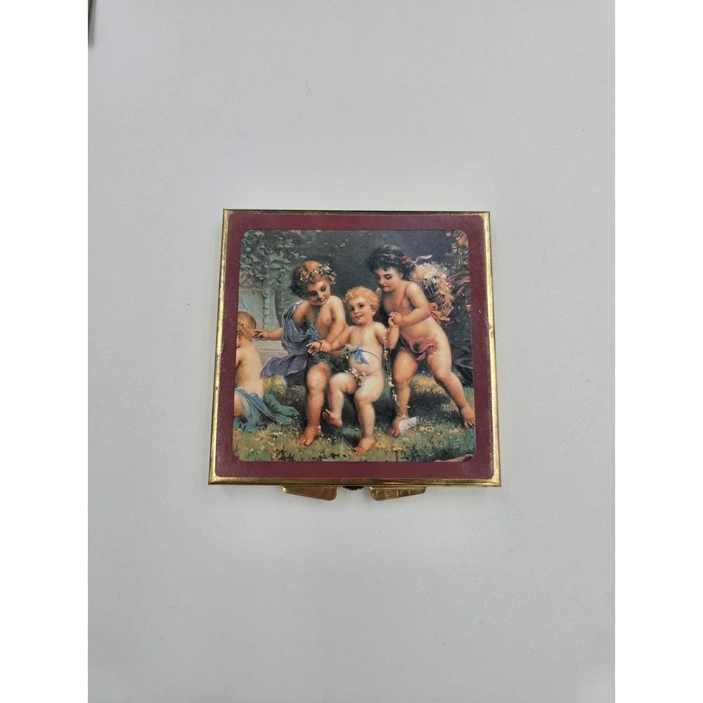 Vintage Cherubs Angels Gold Tone Pill Box Case 7 Day Organizer Mirror